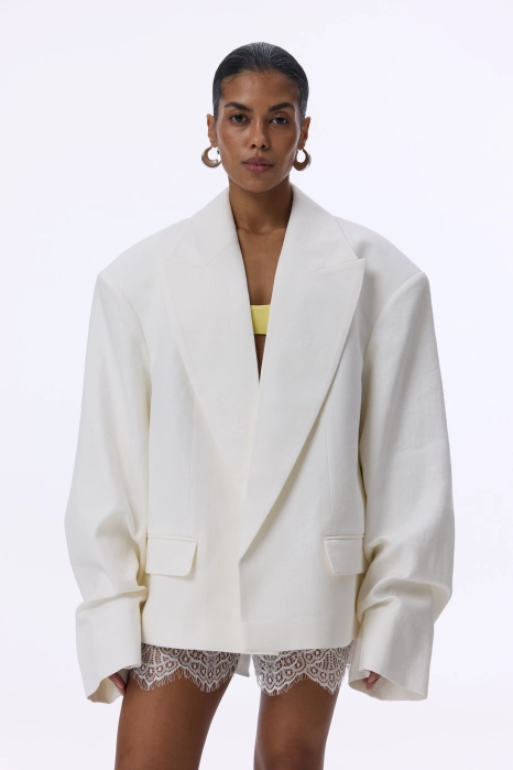 Oversized linen blazer with gathered details on the sleeves