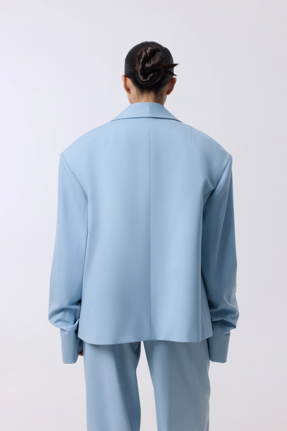 Oversized wool blazer with gathering on the sleeve - photo 5