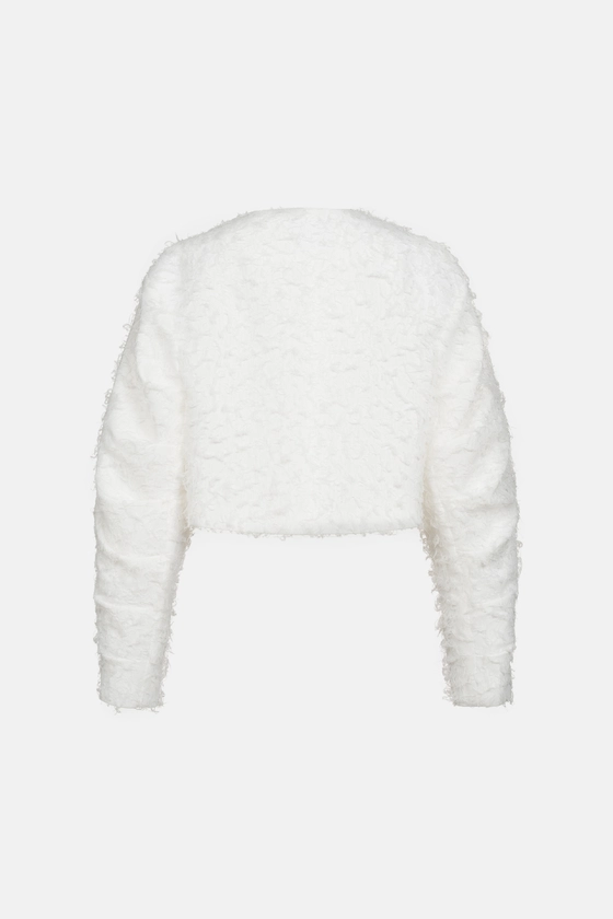 Бомбер пухнастий зі збіркою на рукаві 