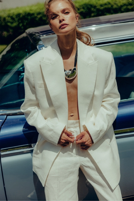 Mid-rise linen trousers with arrows