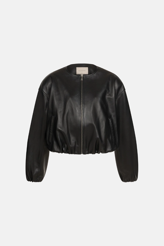 Шкіряна куртка-бомбер із об'ємними рукавами 