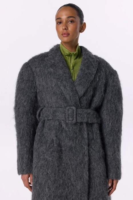 Double-breasted alpaca coat with accent shoulder