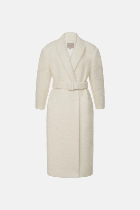 Double-breasted alpaca coat with accent shoulder