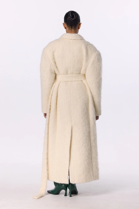 Double-breasted alpaca coat with accent shoulder