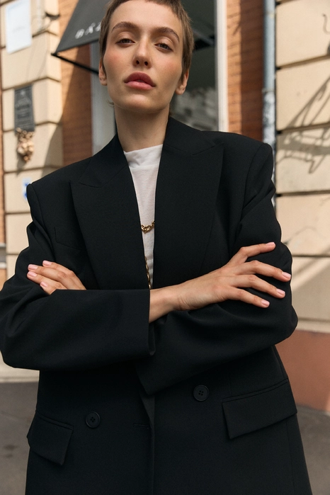 Oversized double-breasted cotton blazer with shoulder pads