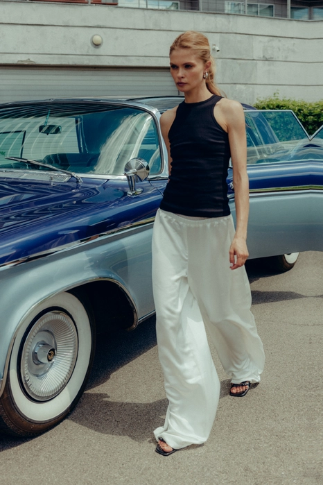 Брюки атласні з імітацією мереживної білизни