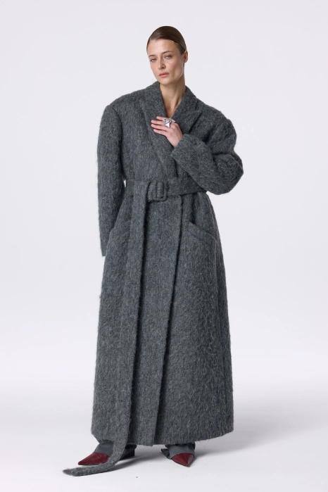 Double-breasted alpaca coat with accent shoulder