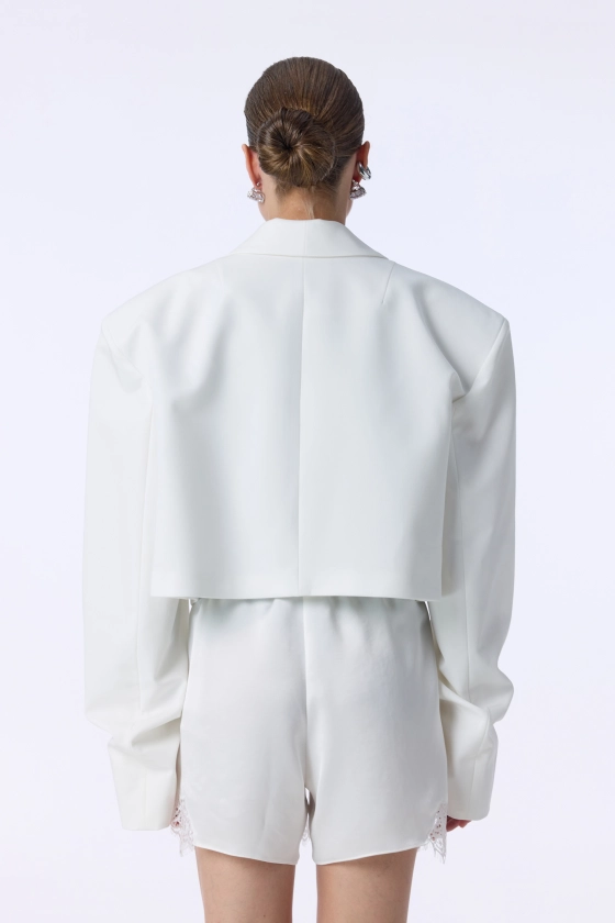 Cropped cotton blazer with gathered sleeves - photo 4