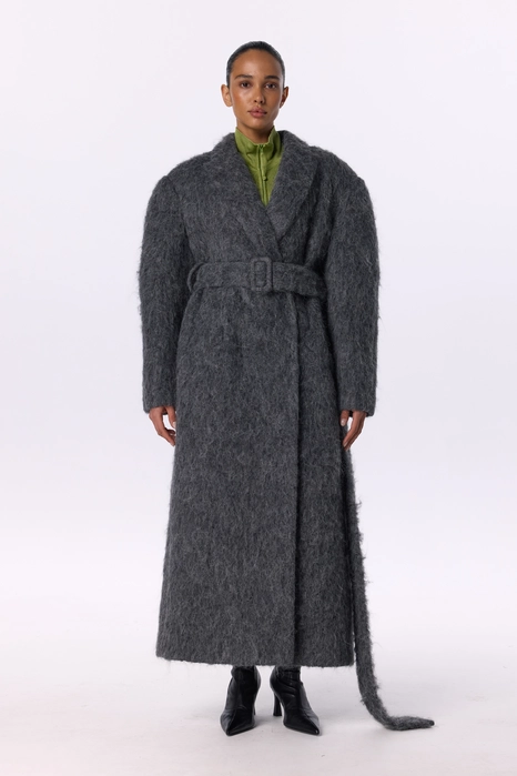 Double-breasted alpaca coat with accent shoulder