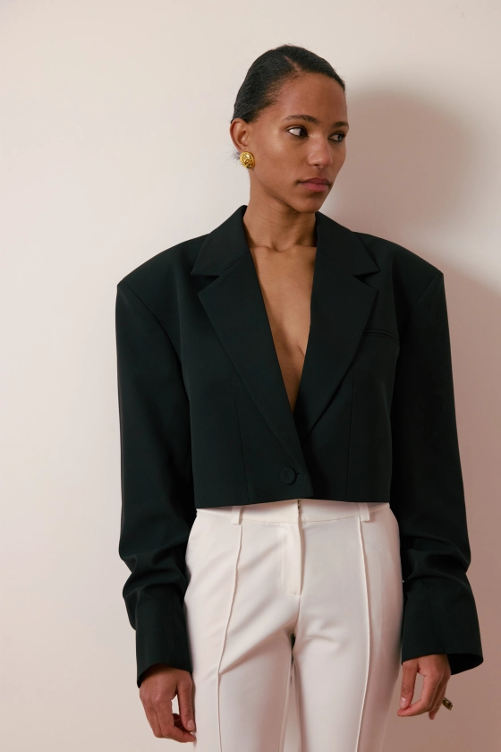 Cropped cotton blazer with gathered sleeves - photo 5