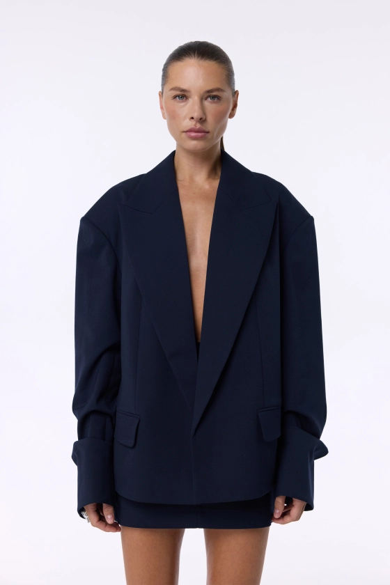 Oversized wool blazer with gathering on the sleeve - photo 3