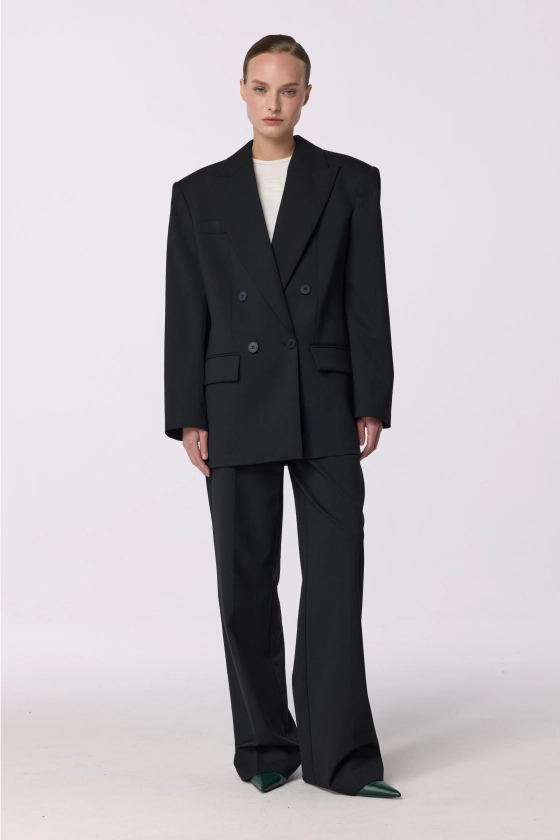 Oversized double-breasted wool blazer with shoulder pads - photo 3