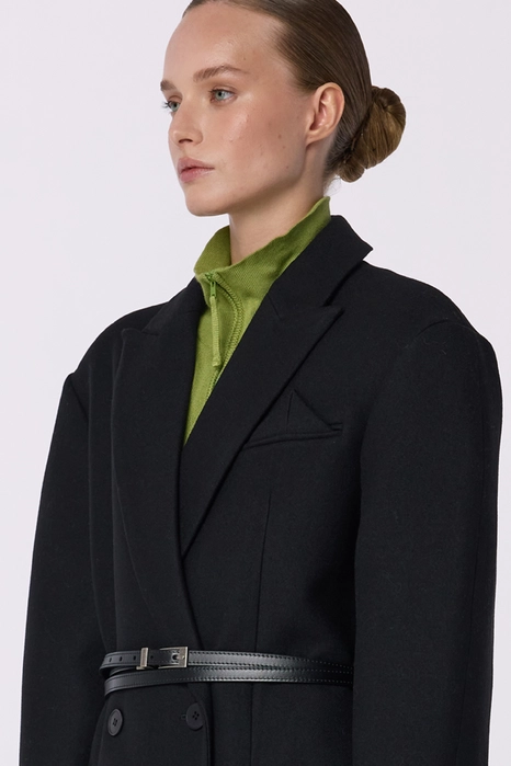 Double-breasted coat with accent shoulder