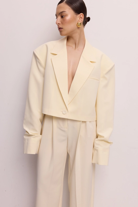 Cropped cotton blazer with gathered details on the sleeves - photo 3