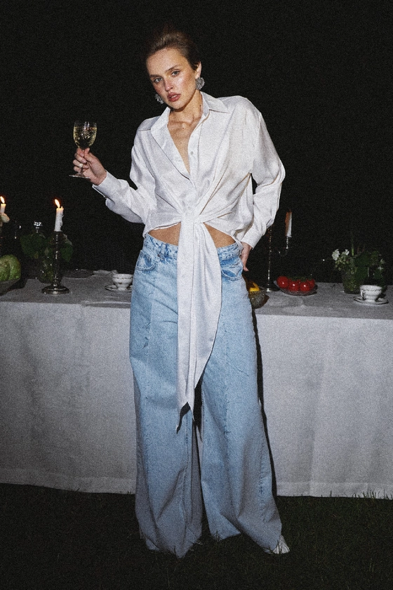 Блуза атласна на зав'язку з довгими кінцями 