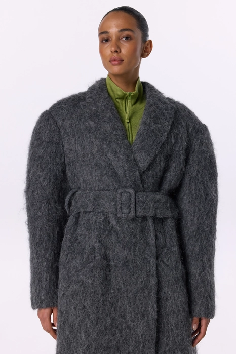 Double-breasted alpaca coat with accent shoulder