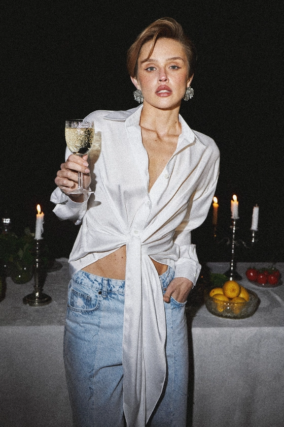 Блуза атласна на зав'язку з довгими кінцями 