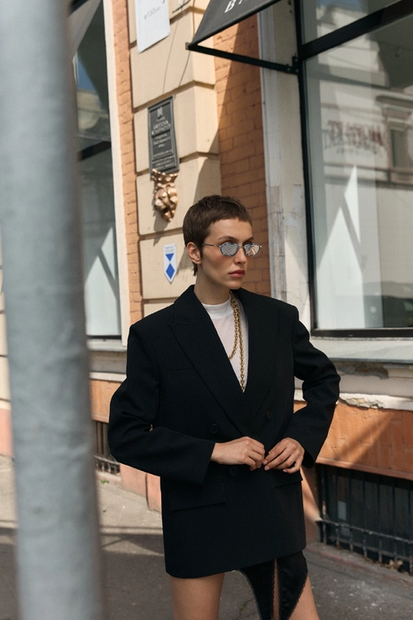 Oversized double-breasted cotton blazer with shoulder pads