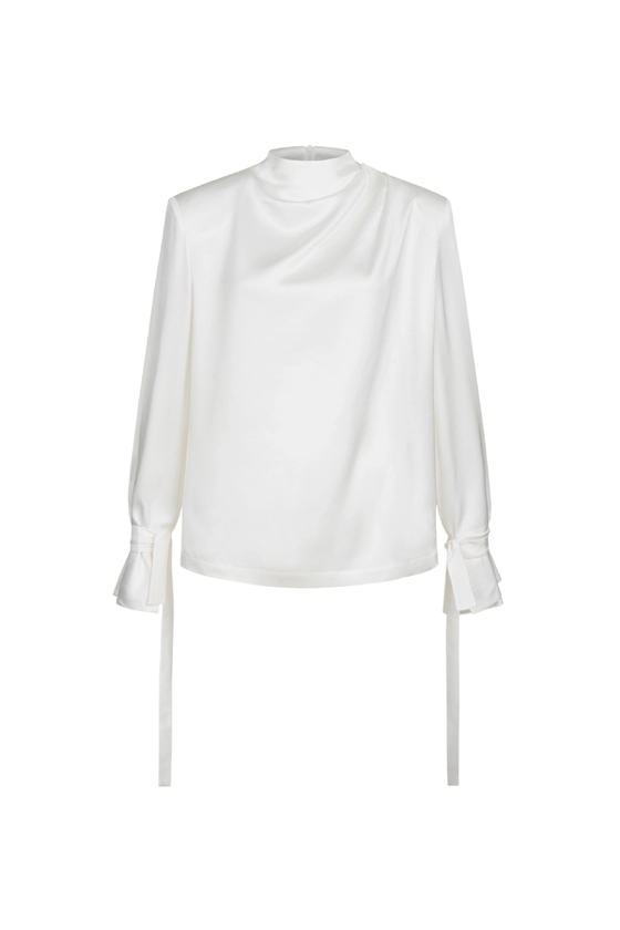 Блуза атласна з акцентним плечем та асиметрією 