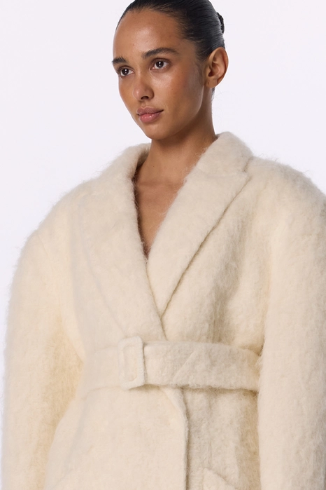 Double-breasted alpaca coat with accent shoulder