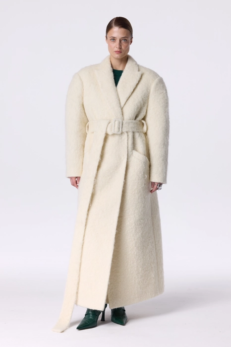 Double-breasted alpaca coat with accent shoulder