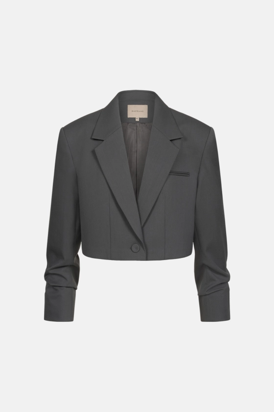 Cropped wool blazer with gathered details on the sleeves 