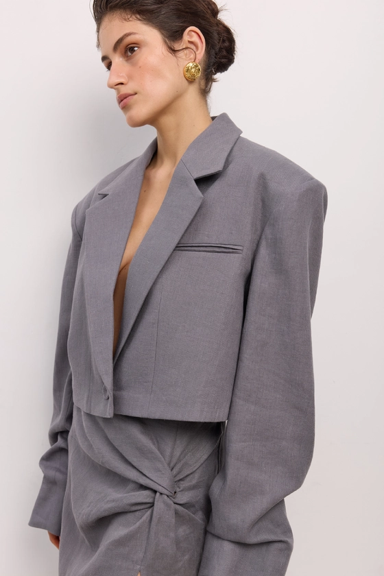 Жакет кроп лляний зі збіркою на рукаві 