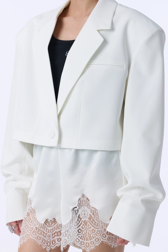 Cropped cotton blazer with gathered sleeves - photo 5