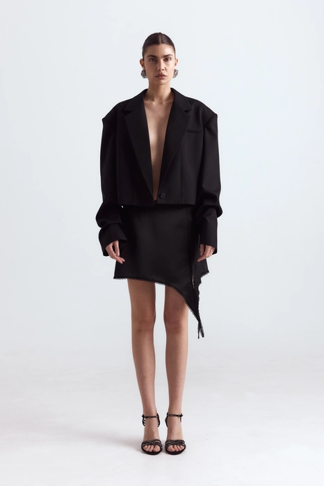 Cropped wool blazer with gathered sleeves